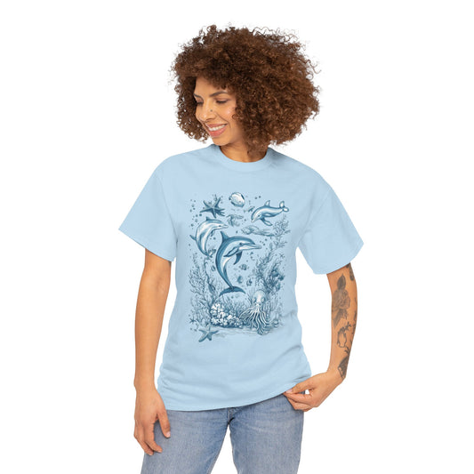 Ocean Life Dolphin T-Shirt, Women's Cotton Tee with Underwater Sea Creatures, Marine Nature Gift Shirt, Perfect for Beach Lovers