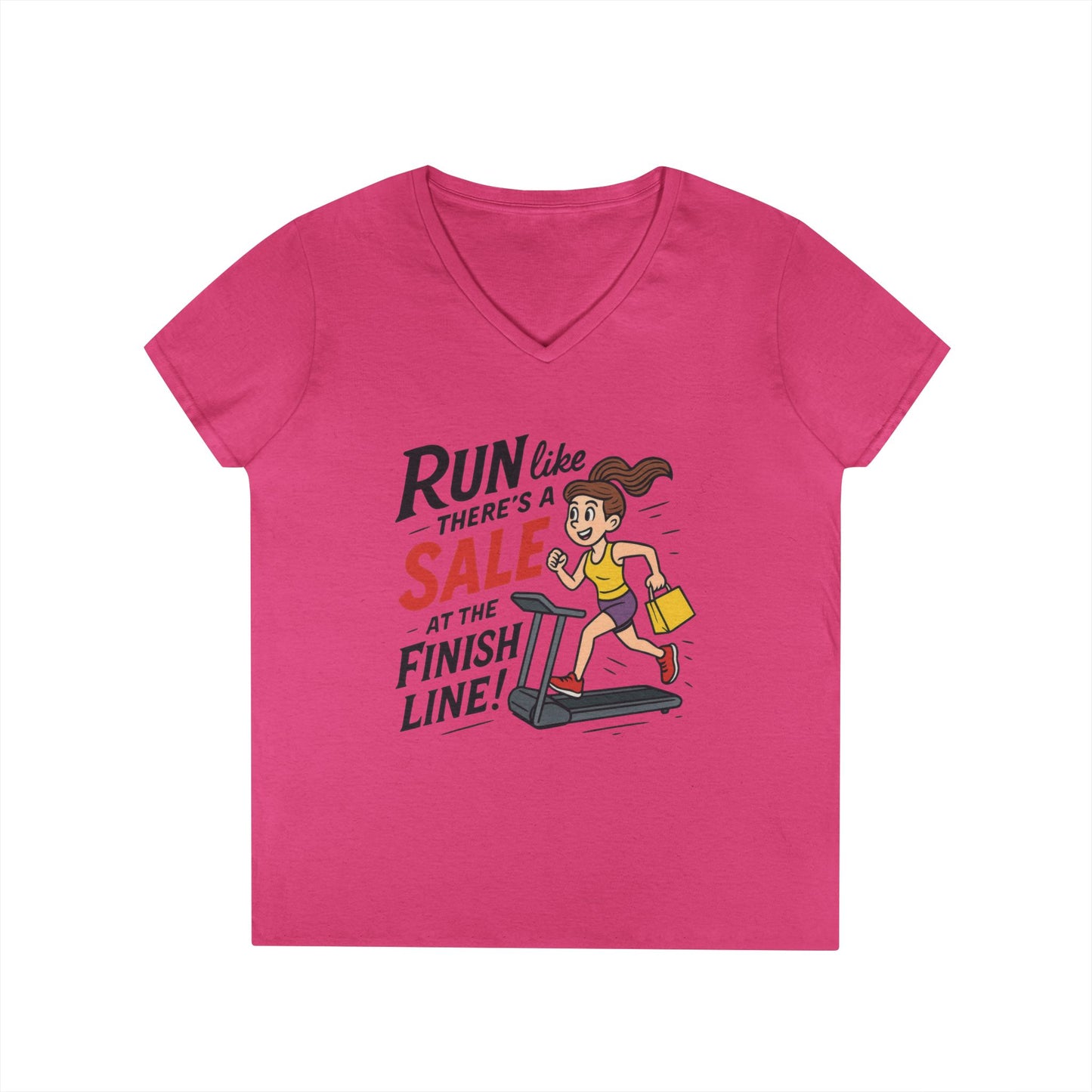 Ladies' V-Neck T-Shirt, Motivational Fitness Tee, Funny Gym Top, Funny Shopping Tee, Treadmill Runner Shirt for Her, For Sale Tee