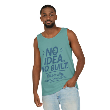 Mens Funny Tank Top, No Idea No Guilt Quote, Blissfully Irresponsible Gym Shirt, Casual Sleeveless Top, , Fun Party Shirt