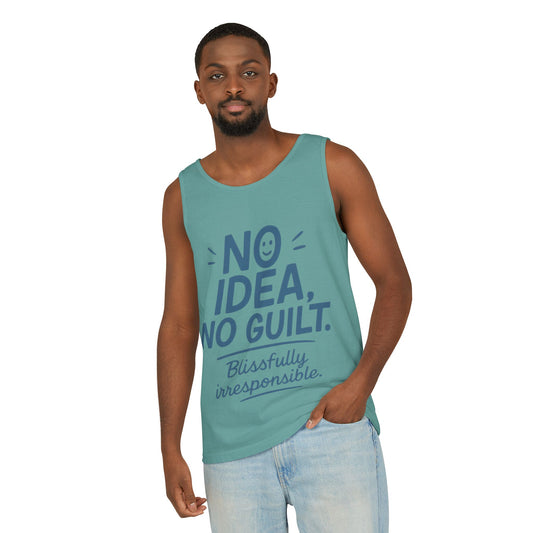 Mens Funny Tank Top, No Idea No Guilt Quote, Blissfully Irresponsible Gym Shirt, Casual Sleeveless Top, , Fun Party Shirt