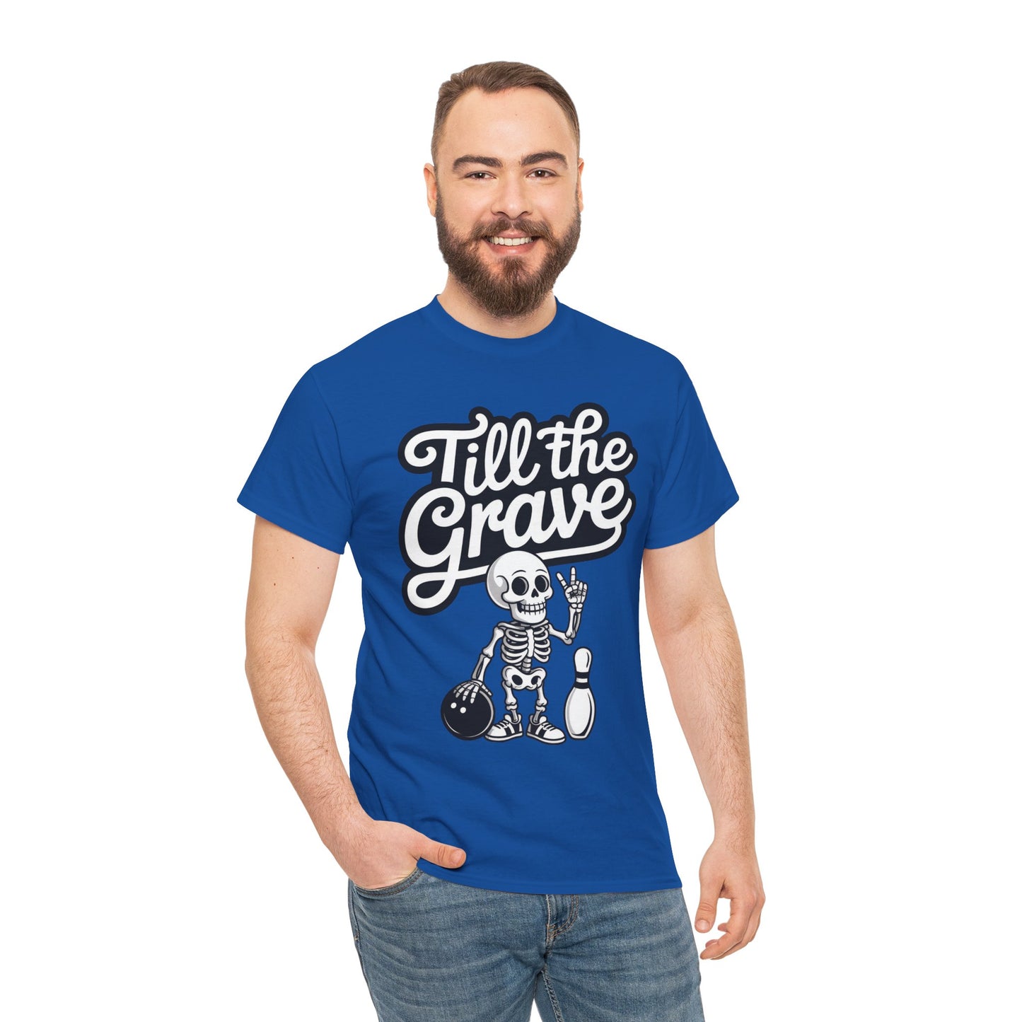 Skeleton Bowling Graphic Tee, Mens Heavy Cotton Tee, Funny Halloween Shirt, Gift for Bowlers, Retro Style Apparel, Casual Wear