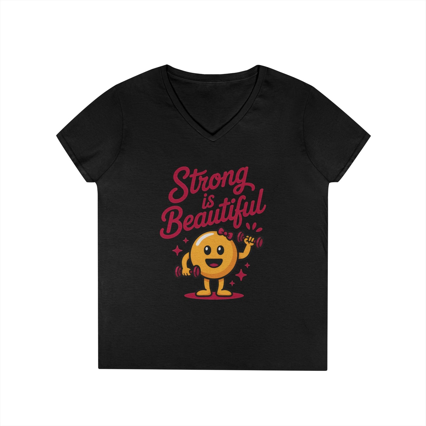 Ladies' V-Neck T-Shirt, Strong is Beautiful Womens Tee, Cute Fitness Character Tee, Inspirational Workout Shirt, Gym Motivation Gift for Her
