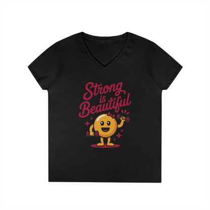 Ladies' V-Neck T-Shirt, Strong is Beautiful Womens Tee, Cute Fitness Character Tee, Inspirational Workout Shirt, Gym Motivation Gift for Her