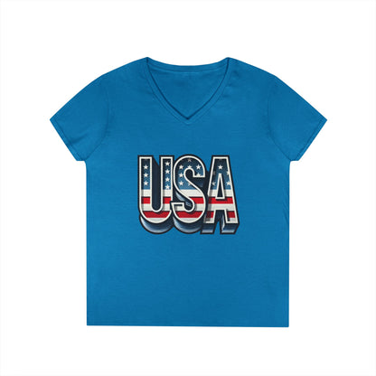USA Patriotic V-Neck T-Shirt for Ladies, July 4th Celebration Tee, Casual Summer Shirt, Graphic Tee