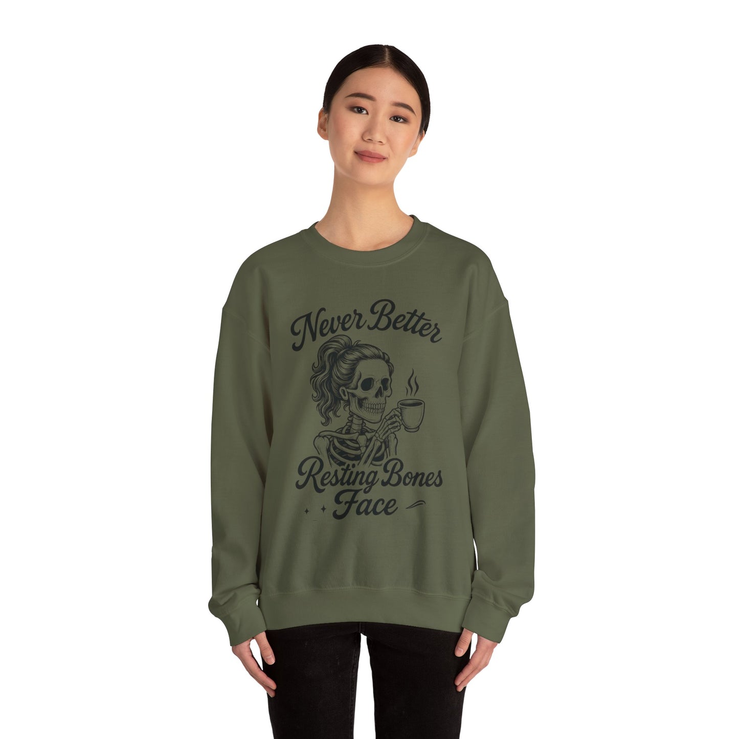 Skull Coffee Lovers Crewneck Sweatshirt, Womens, Perfect for Halloween, Cozy Outfit, Gift for Friends, Relaxing Days, Coffee Enthusiasts