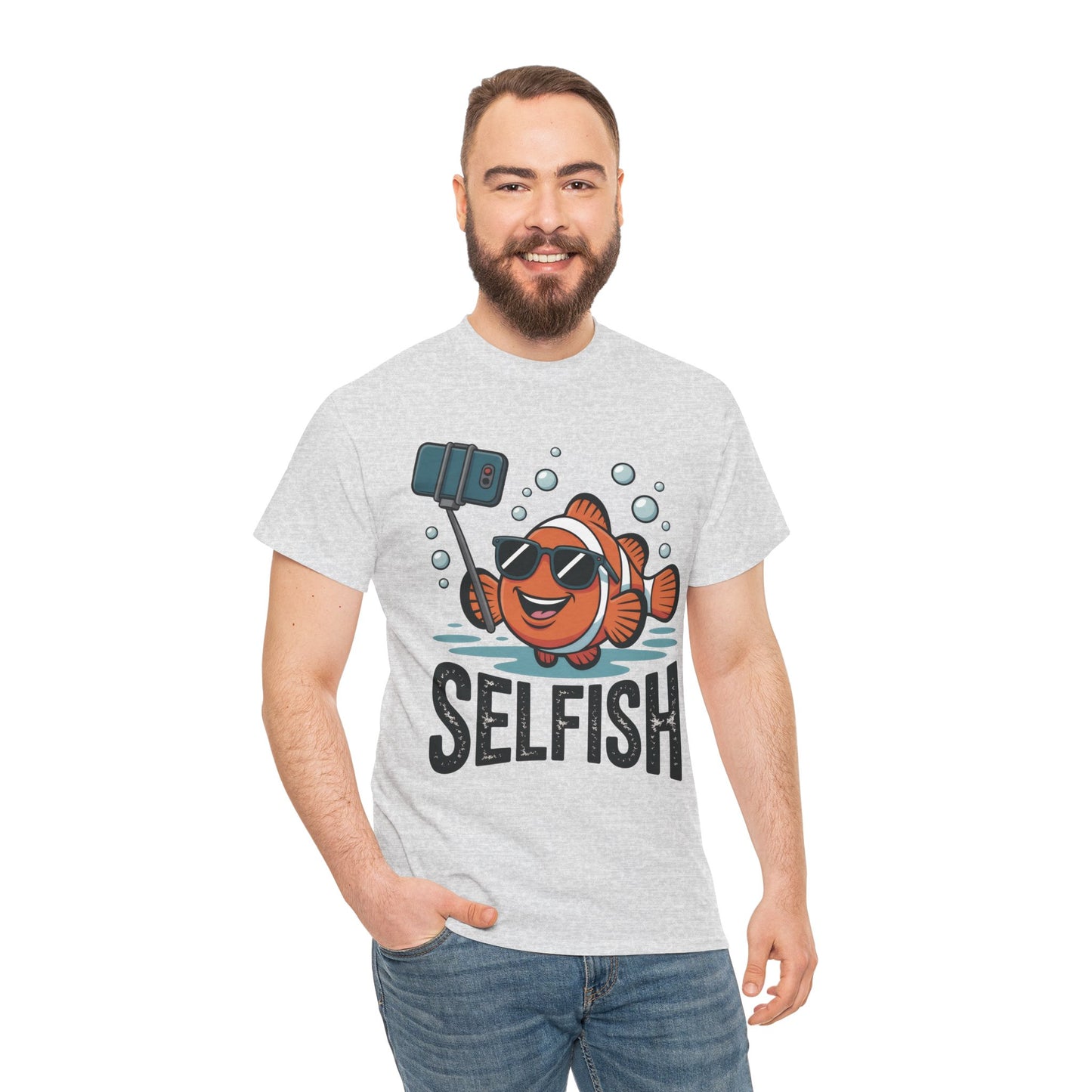 Unisex Heavy Cotton Tee, Mens Selfish Funny Fish T-Shirt, Cute Selfie Graphic Tee, Ocean Humor Shirt