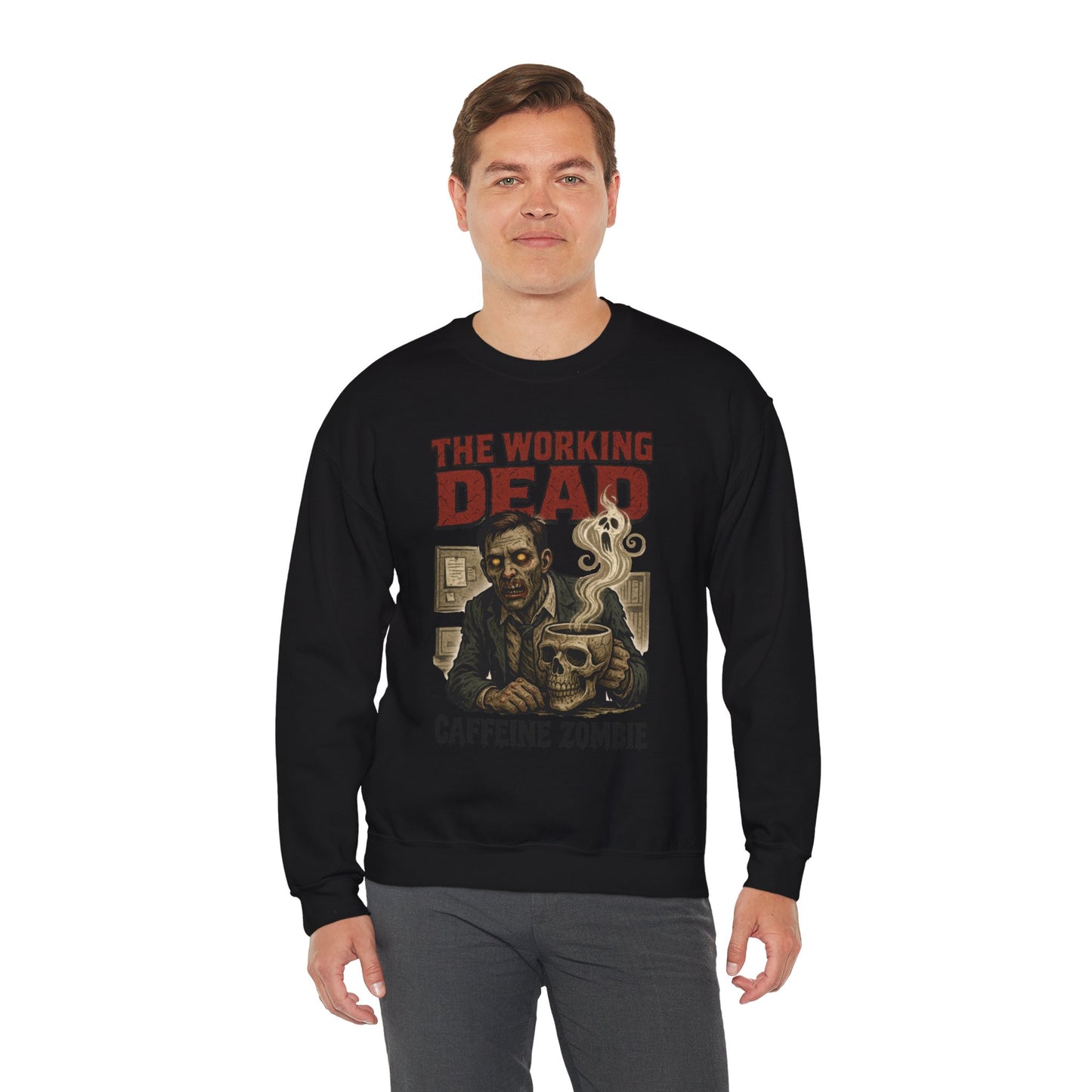 The Working Dead Men's Funny Zombie Sweatshirt, Office Humor Crewneck, Halloween Zombie Top, Coffee Zombie Sweatshirt