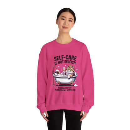 Womens Crewneck Sweatshirt, Self-Care Cat Shirt, Funny Cat Tee, Relaxing Kitty Graphic, Self Care Is Not Selfish Womens Sweatshirt