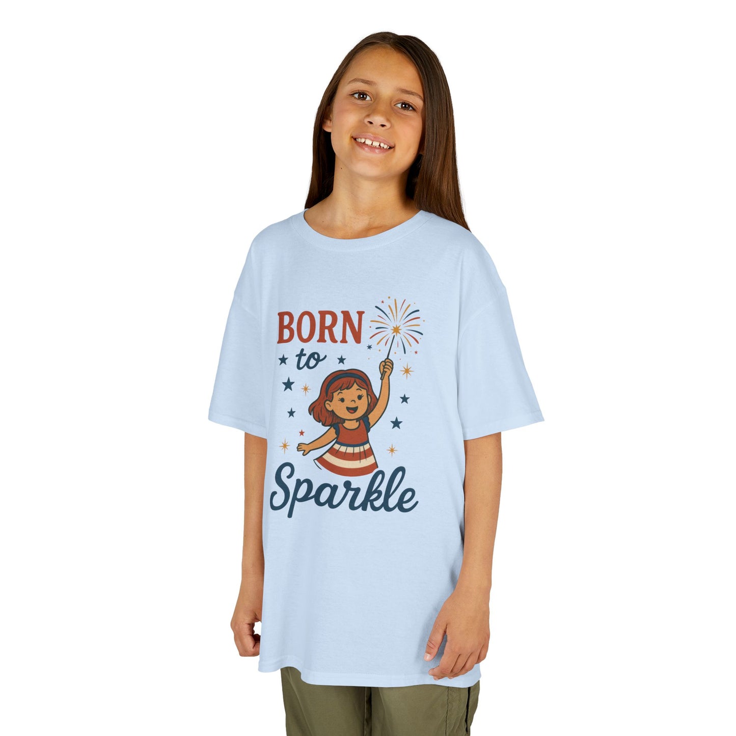 4th of July Shirt for Girls,  Born to Sparkle Tee For Kids, Patriotic Fireworks Youth T-Shirt, Independence Day Outfit for Tween Girls