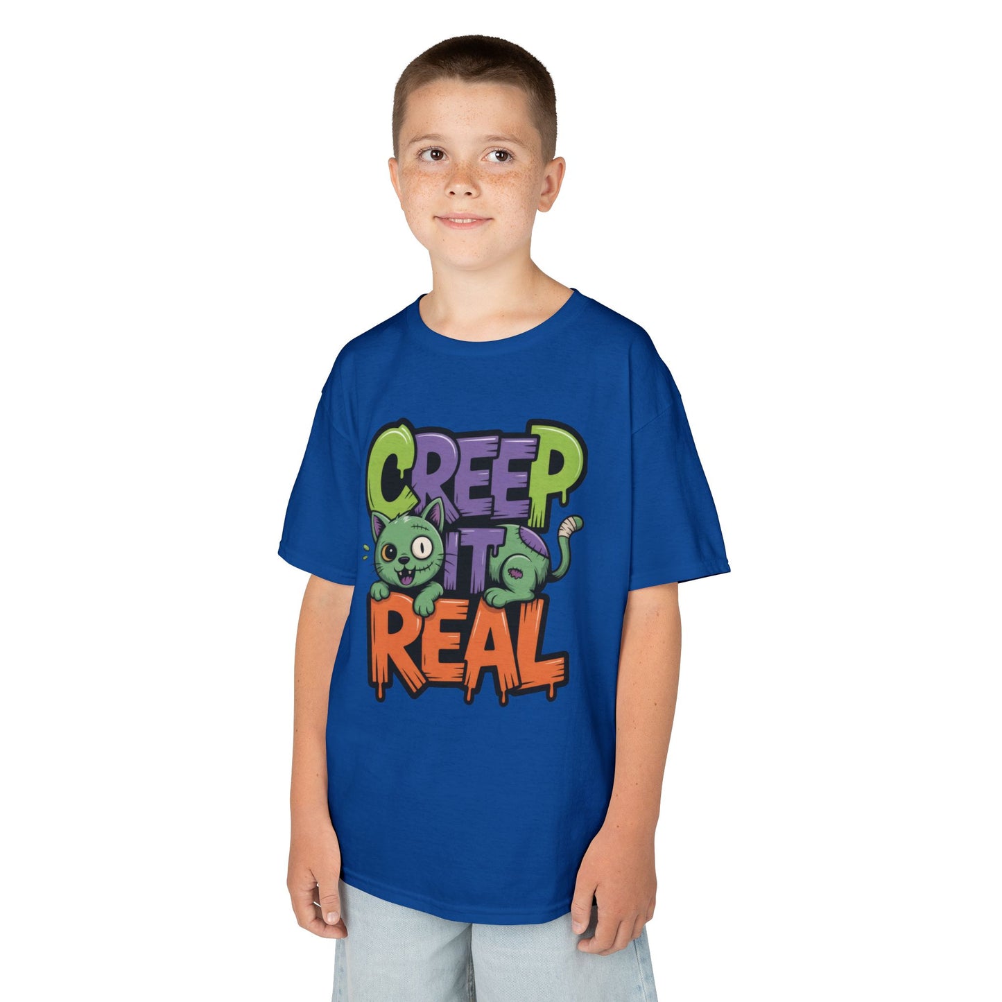 Creep It Real Kids Halloween Shirt, Cute Zombie Cat Graffiti Style T-Shirt for Boys & Girls