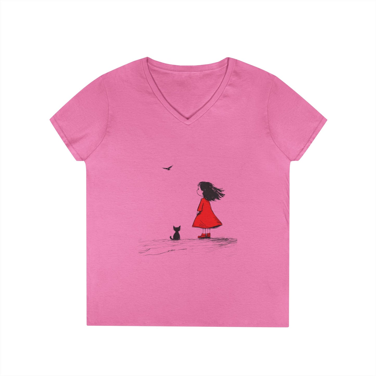Whimsical V-Neck T-Shirt for Dreamers, Cute Graphic Tee, Animal Lovers Shirt, Stylish Casual Wear, Gifts for Her, Cat Lover T-Shirt