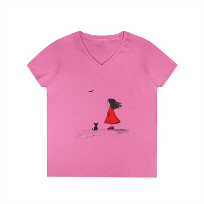 Whimsical V-Neck T-Shirt for Dreamers, Cute Graphic Tee, Animal Lovers Shirt, Stylish Casual Wear, Gifts for Her, Cat Lover T-Shirt