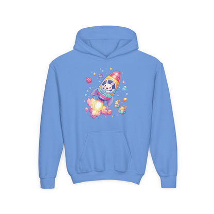 Easter Astronaut Bunny Kids Hoodie - Rocket Bunny Design with Colorful Eggs, Fun Space Adventure Sweatshirt for Spring and Holiday Gifts