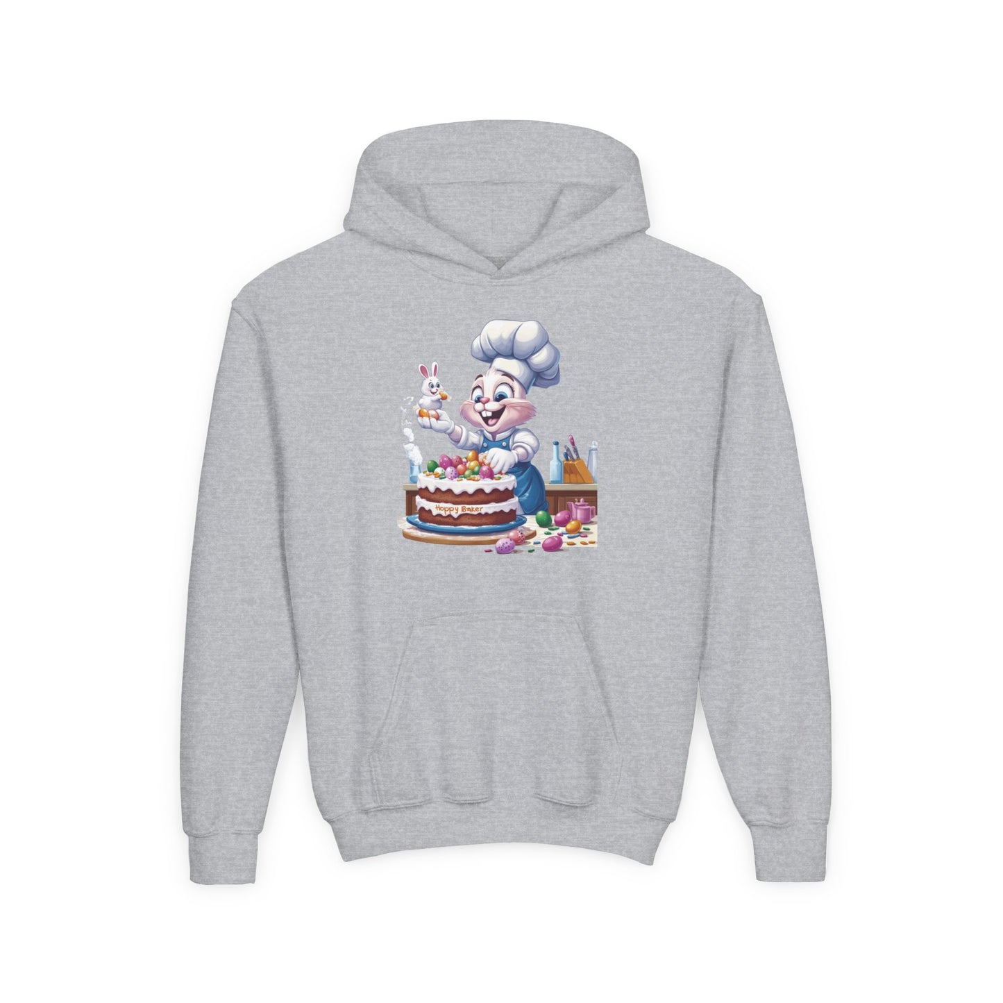 Hoppy Baker Easter Bunny Kids Hoodie - Cute Chef Bunny with Cake Design, Fun Spring Sweatshirt, Colorful Holiday Gift for Children