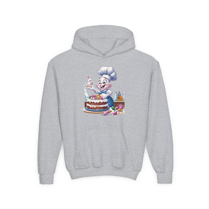 Hoppy Baker Easter Bunny Kids Hoodie - Cute Chef Bunny with Cake Design, Fun Spring Sweatshirt, Colorful Holiday Gift for Children