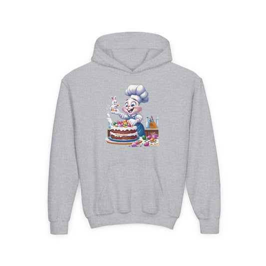 Hoppy Baker Easter Bunny Kids Hoodie - Cute Chef Bunny with Cake Design, Fun Spring Sweatshirt, Colorful Holiday Gift for Children