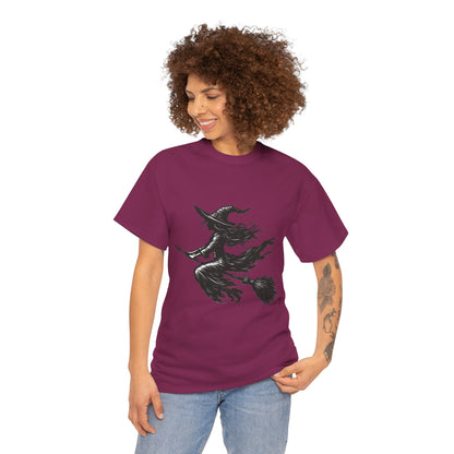 Flying Witch Silhouette Halloween T-Shirt for Women, Vintage Witch on Broom Tee, Spooky Gothic Fall Shirt, Minimal Black Witch Top