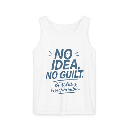 Womens No Guilt Tank Top, No Idea Funny Quote, Blissfully Irresponsible Workout Tee, Casual Sleeveless Top, Summer Activewear, Relaxed Style