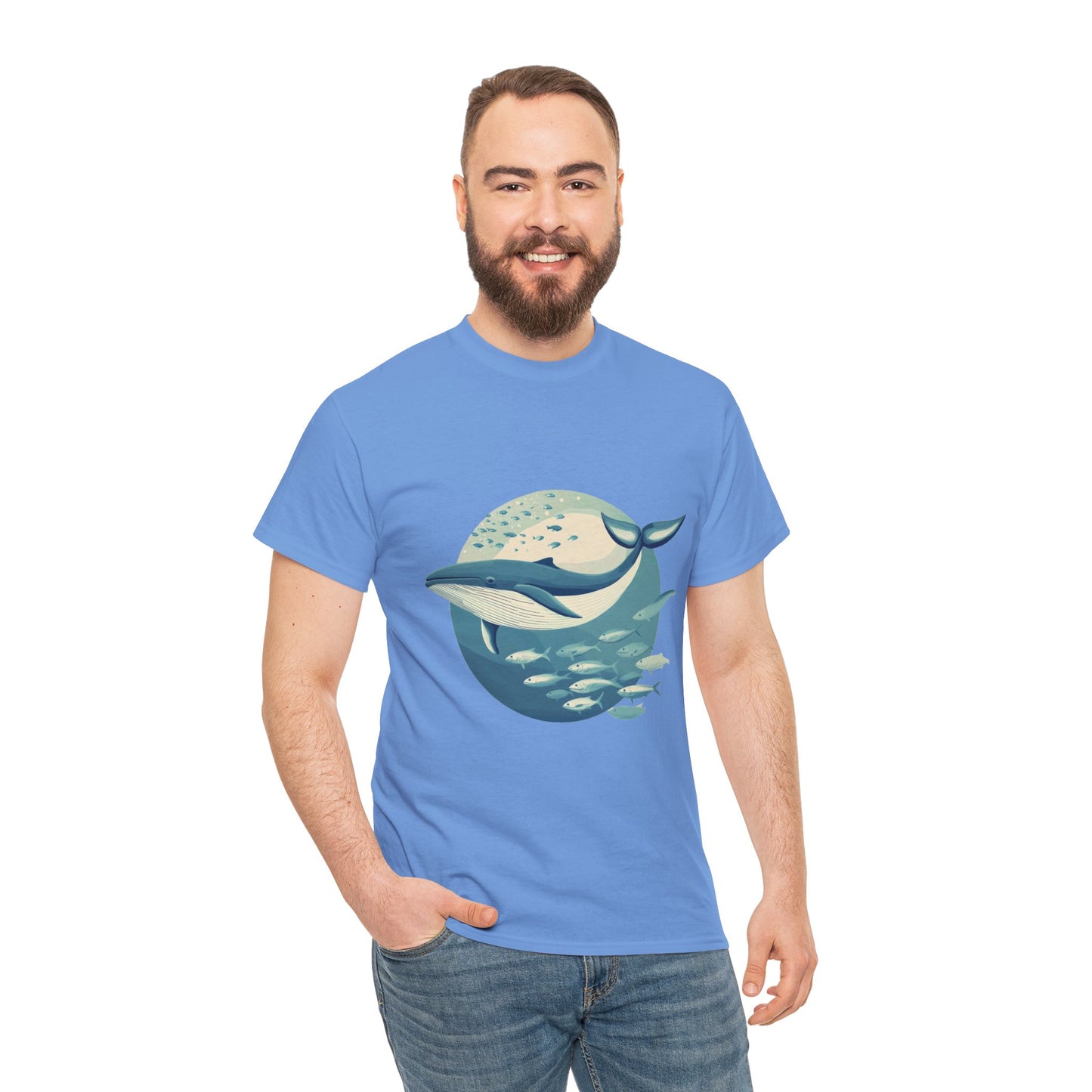 Whale and Fish Unisex Heavy Cotton Tee, Ocean Lover Shirt, Nature Tee, Sea Creature Gift, Casual Summer Top, Ocean Whale Graphic Tee
