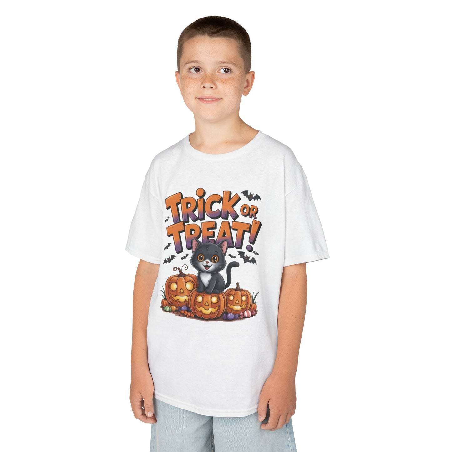 Girls Cute Black Cat Trick or Treat Halloween T-Shirt, Funny Pumpkin Cat Tee, Spooky Fall Shirt for Kids, Matching Family Halloween Shirts