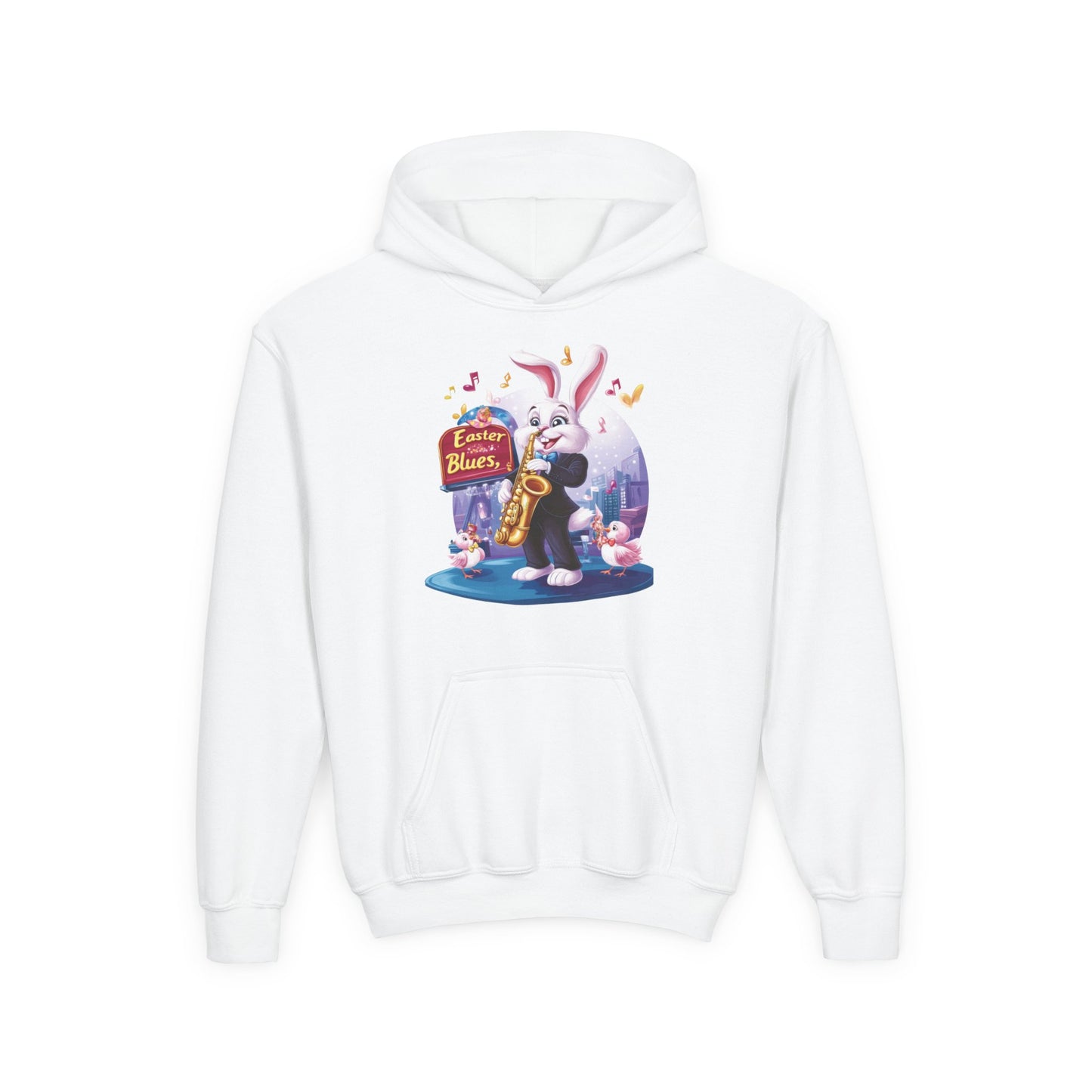 Easter Blues Youth Hoodie, Cute Bunny Sweatshirt, Spring Festival Apparel, Kid's Gift, Music Celebration, Easter Outfit
