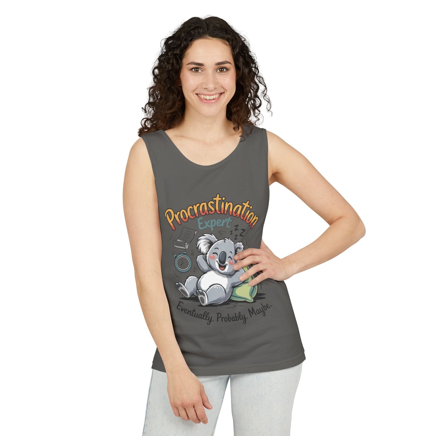 Procrastination Expert Womens Tank Top, Funny Gift for Lazy Days, Relaxed Fit Tee, Casual Summer Wear, Koala Graphic Top, Motivational Apparel