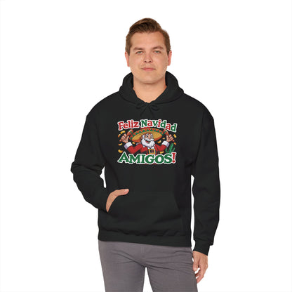 Feliz Navidad Amigos Hoodie, Funny Mexican Santa Christmas Hoodie, Latin Fiesta Holiday Sweatshirt for Men