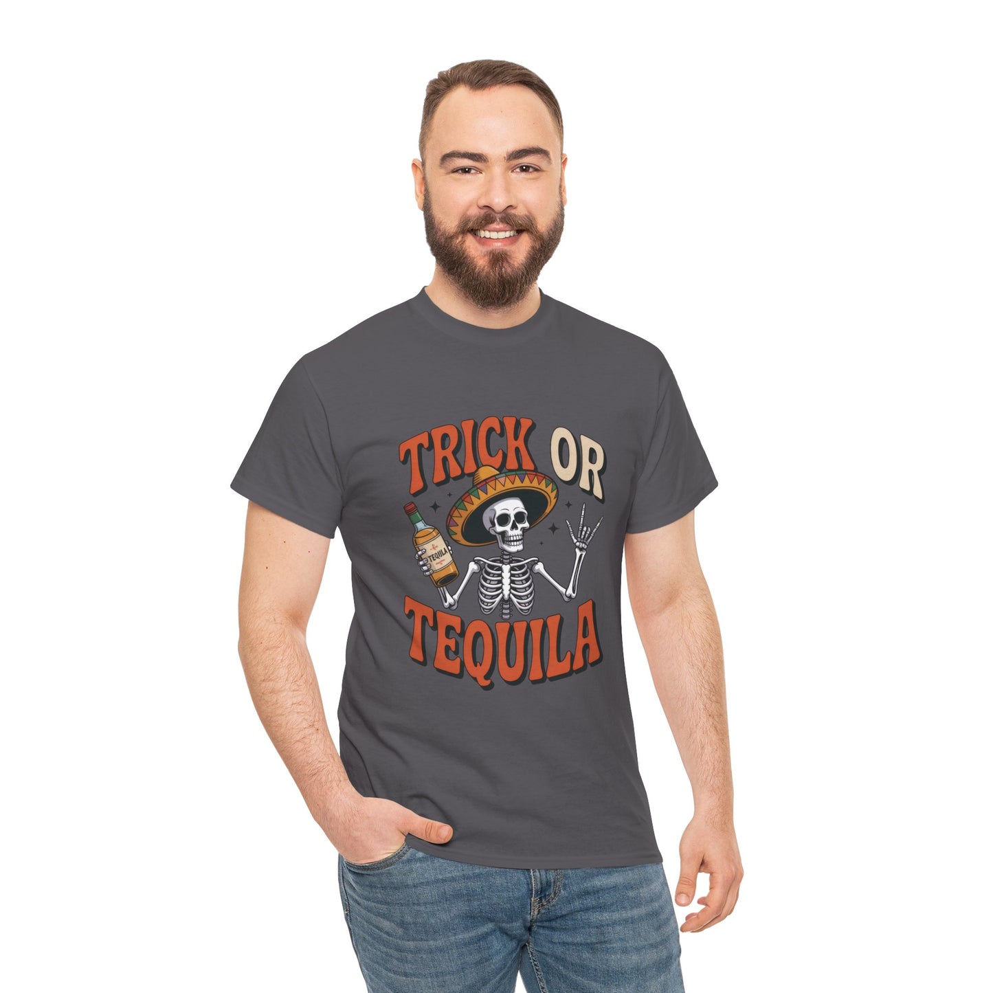 Trick or Tequila Skeleton Men's T-Shirt , Funny Halloween Drinking Party Tee for Men