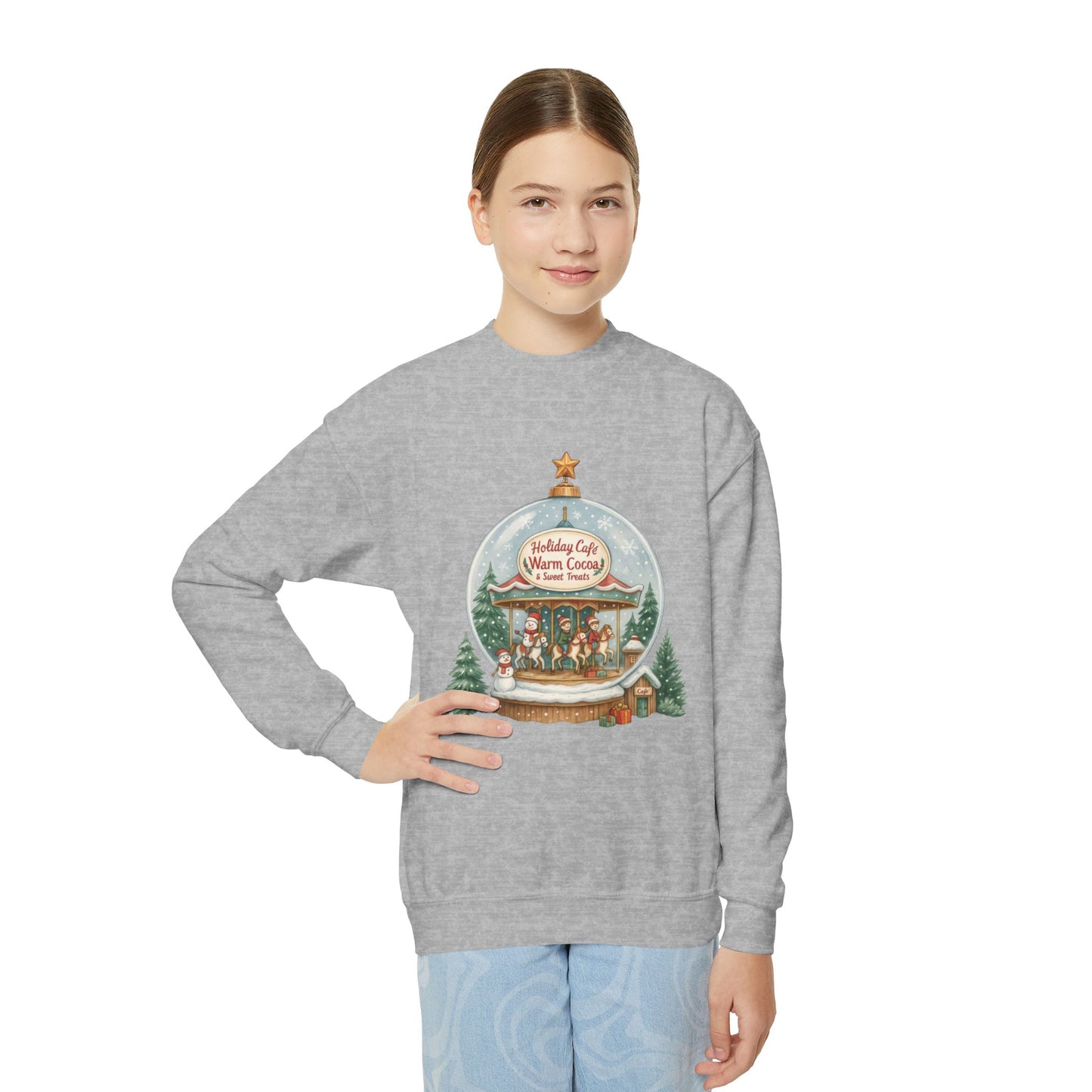 Youth Holiday Café Christmas Sweatshirt, Warm Cocoa Snow Globe Jumper