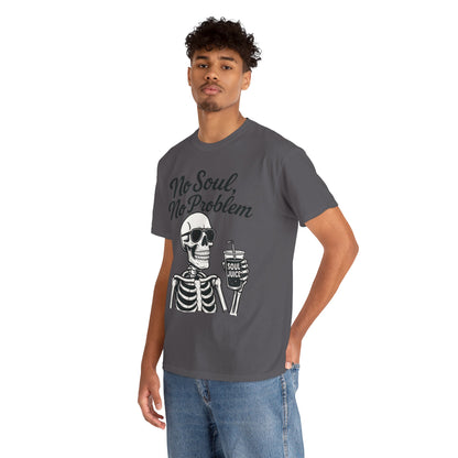 No Soul No Problem Skeleton T-Shirt for Men, Funny Gothic Skull Tee, Cool Spooky Halloween Shirt, Dark Humor Skeleton Graphic Top