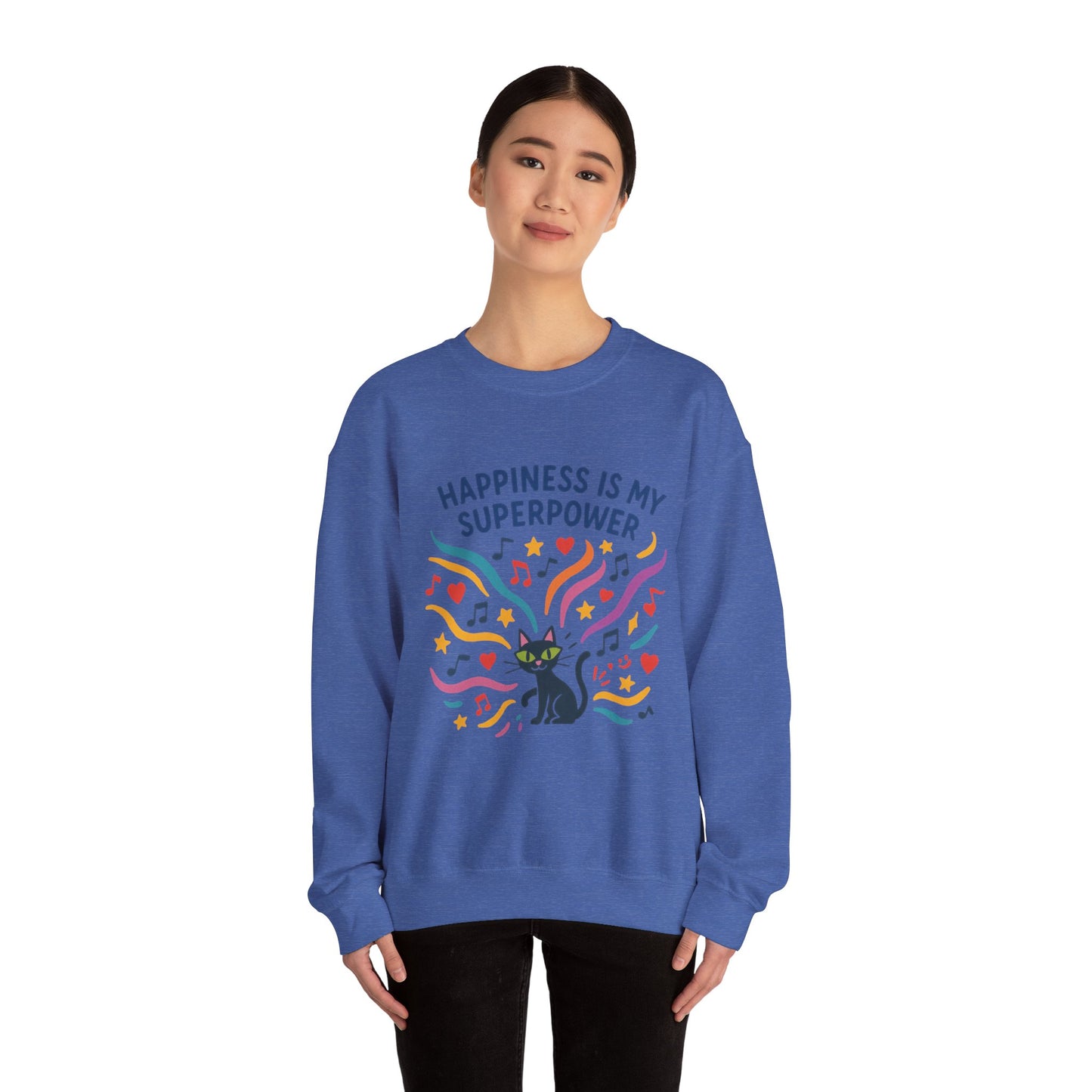 Playful Cat Crewneck Womens Sweatshirt, Happiness is My Superpower, Cozy Sweatshirt, Gift for Cat Lovers, Fun Casual Style, Unique Animal Design
