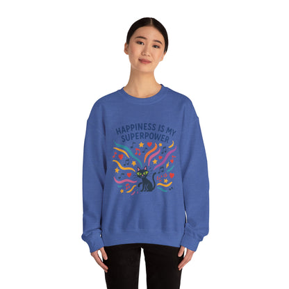 Playful Cat Crewneck Womens Sweatshirt, Happiness is My Superpower, Cozy Sweatshirt, Gift for Cat Lovers, Fun Casual Style, Unique Animal Design