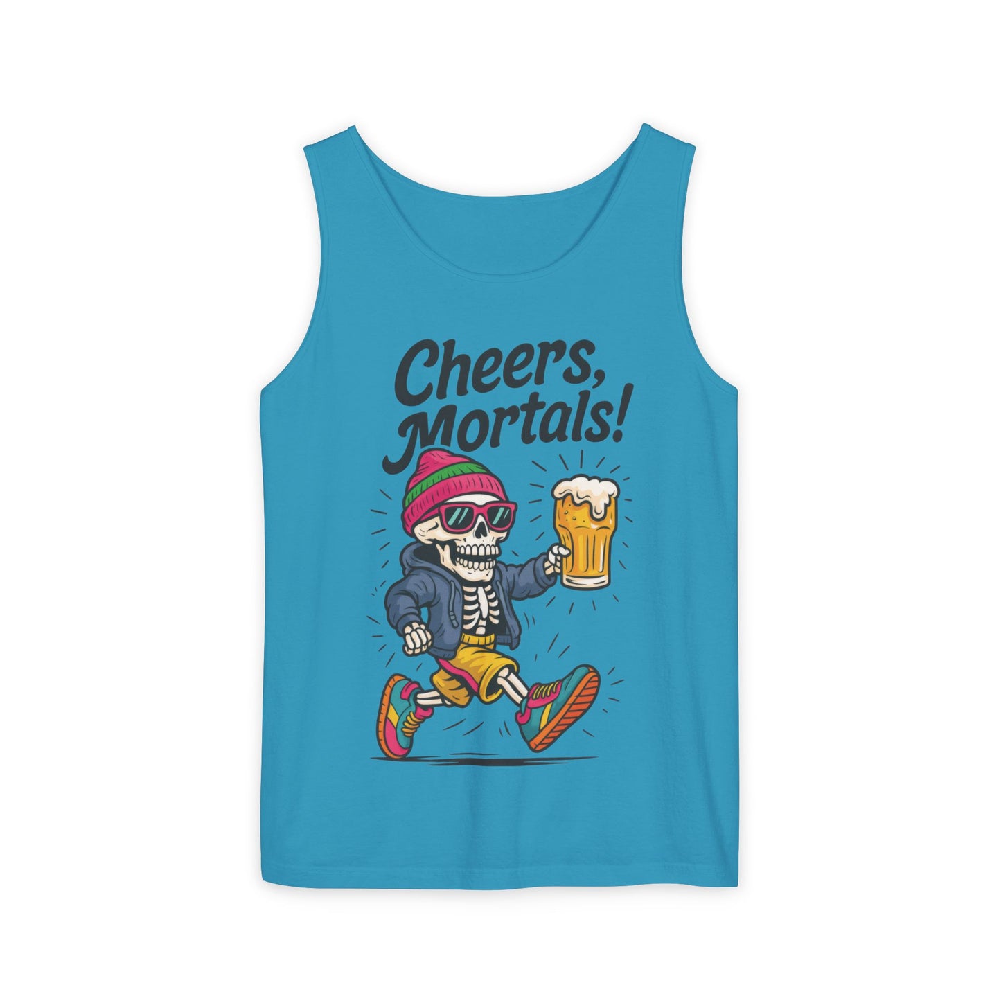 Cheers Mortals! Mens Tank Top, Funny Skeleton Beer Graphic Tee, Drinking Humor Shirt, Party Gift for Him, Halloween Tank,  Beer Lovers Gift