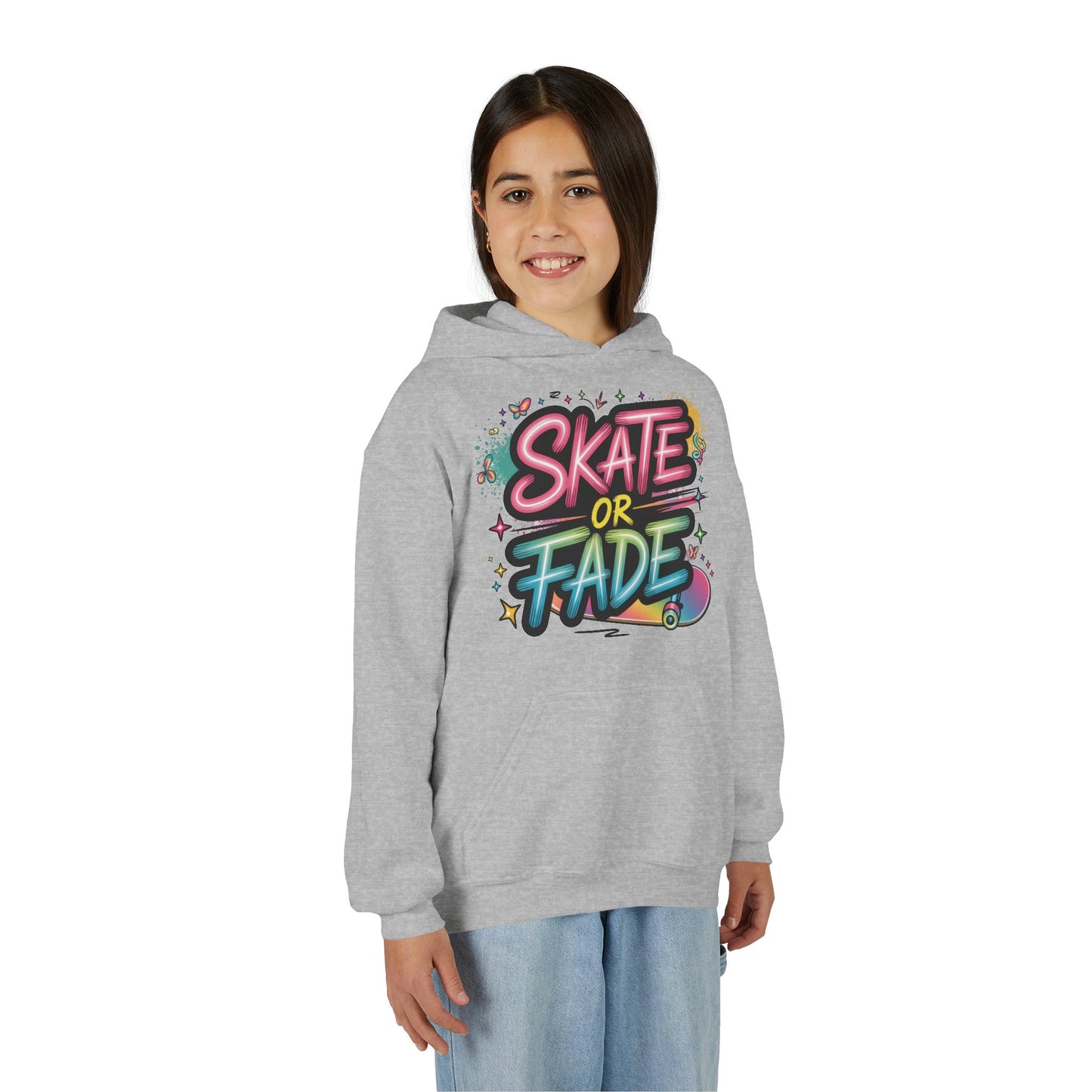 Youth Heavy Blend Hooded Sweatshirt, Skate Or Fade Girls Shirt, Colorful Graffiti Skateboarding Hoodie