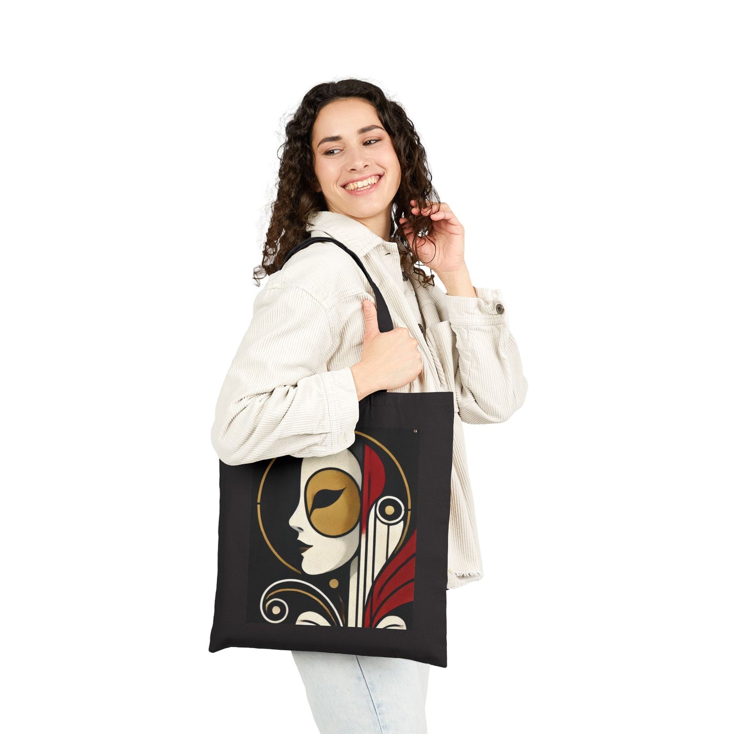 Art Deco Woman Tote Bag, Elegant Geometric Face Design, Modern Vintage Style Canvas Bag for Art Lovers, Artistic Cotton Canvas Tote Bag