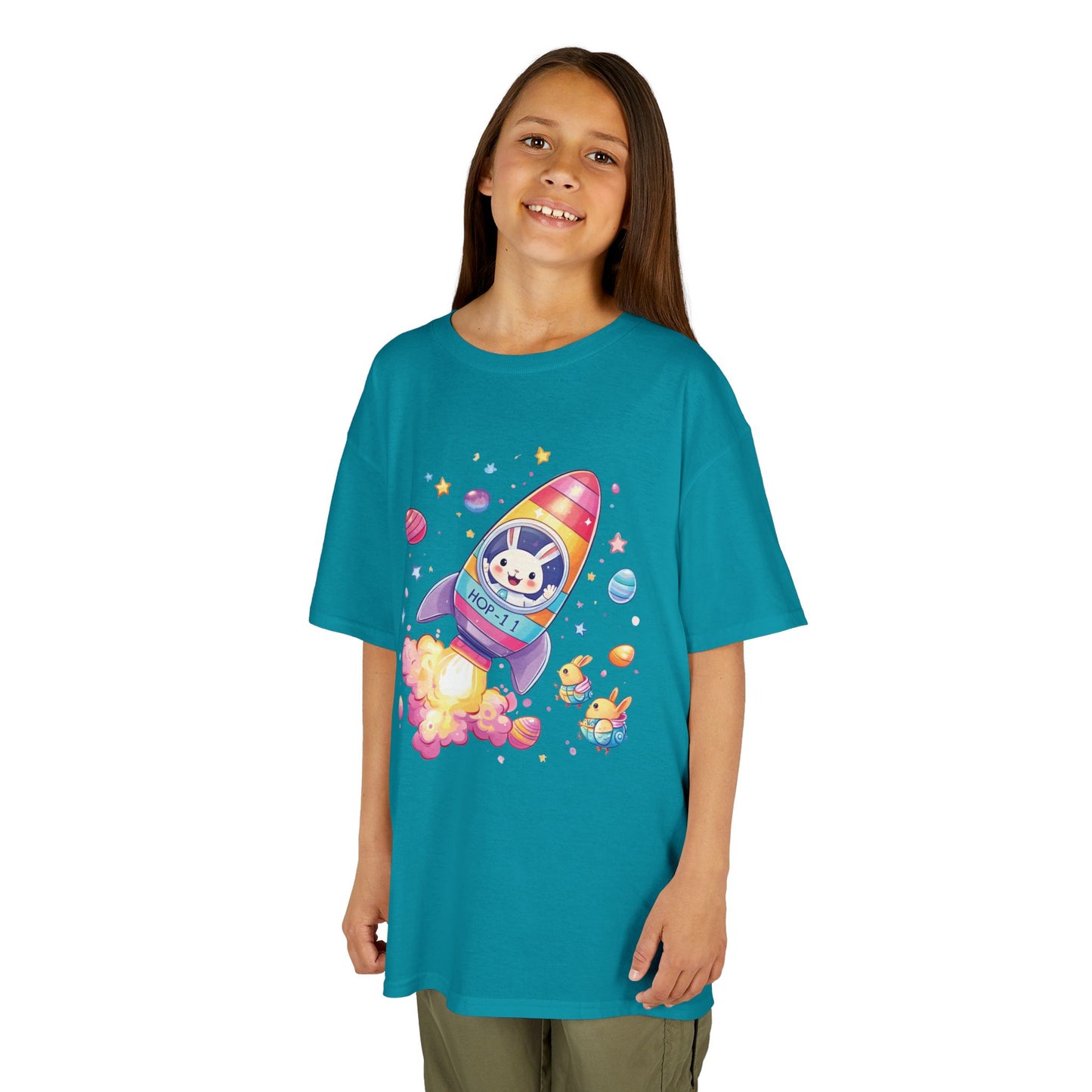 Easter Astronaut Bunny Kids T-Shirt - Cute Space Rocket Bunny with Colorful Eggs, Fun Spring Tee for Boys and Girls, Holiday Gift Idea
