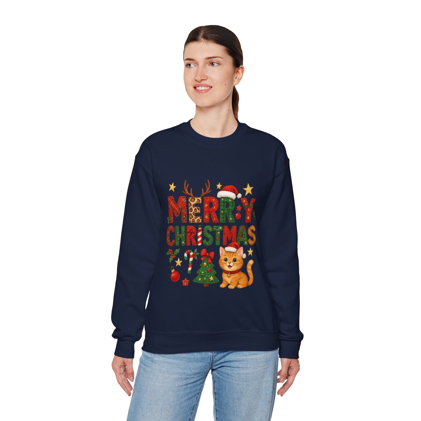 Women's Merry Christmas Cat Sweatshirt, Cozy Holiday Cat Lover Pullover, Women's Heavy Blend™ Crewneck Sweatshirt