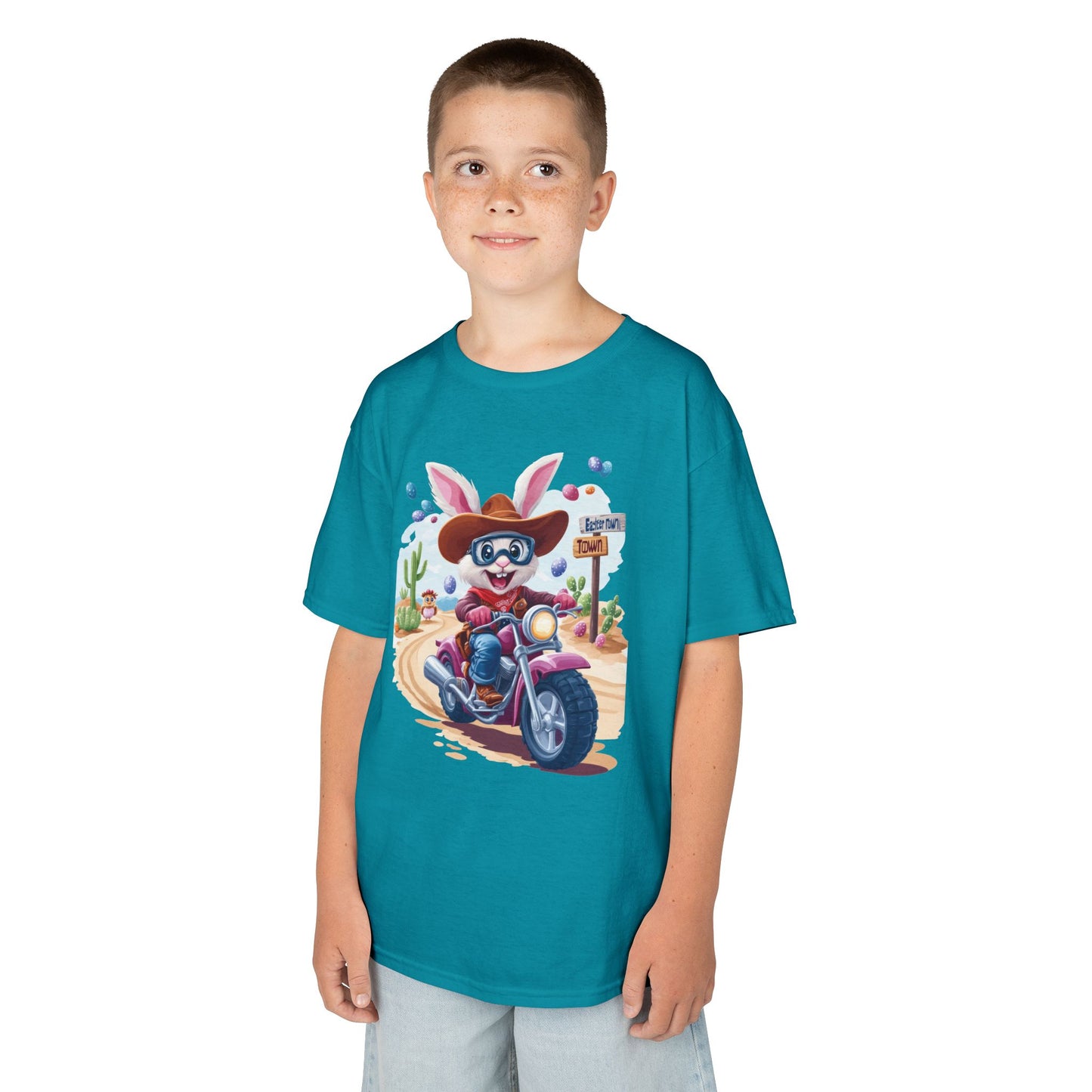 Biker Bunny Kids Tee - Fun Easter Shirt for Boys & Girls, Cute Spring Outfit with Motorcycle Rabbit Heavy Cotton Toddler T-Shirt Bunny Rider