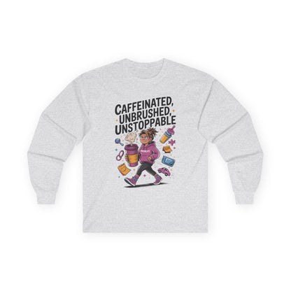 Caffeinated Mom Long Sleeve, Mother's Day Gift,New Mother Tired Mother Gift, Coffee Lover Gift, Coffee Addict Mom Long Sleeve Tee