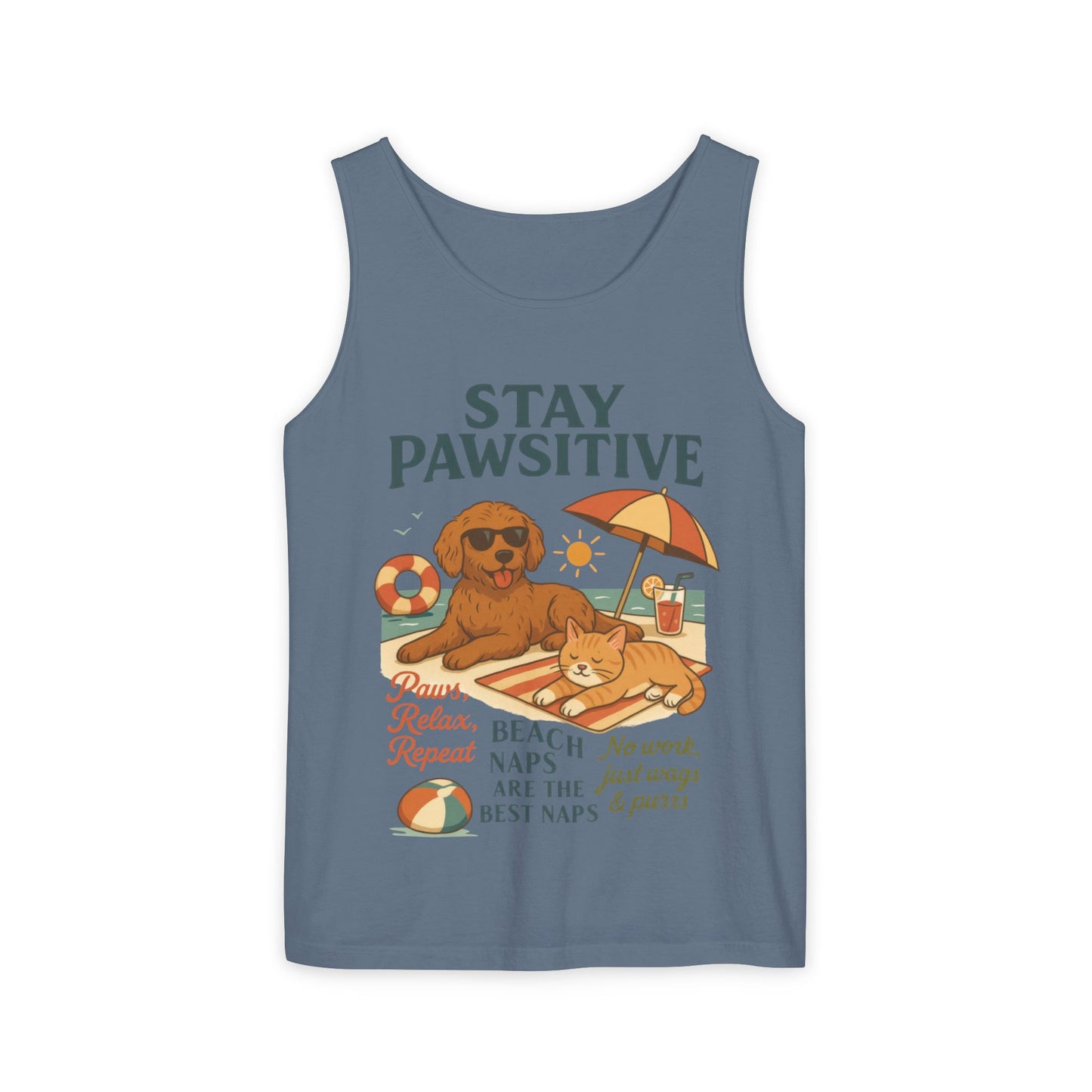 Stay Pawsitive Womens Tank, Cute Dog & Cat Beach Tee, Summer Pet Lover Tee, Animal Graphic Heavy Cotton Tee, Fun Pet Lovers Gift, Summer Top