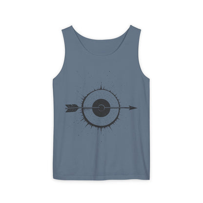 Mens Garment-Dyed Tank Top with Target Arrow Design, Casual Wear, Summer Essentials, Gym Wear, Gifts for Archery Lovers