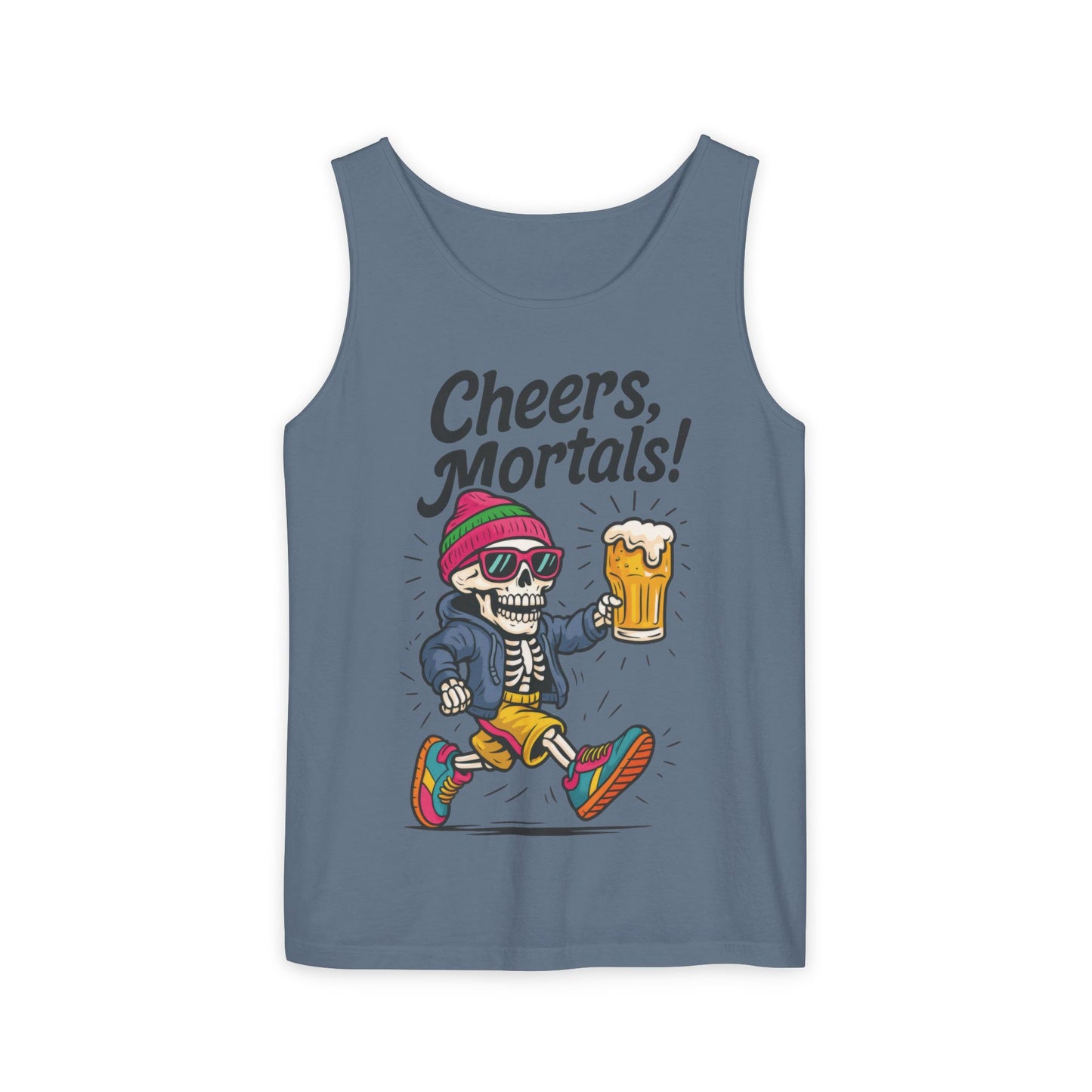 Cheers Mortals! Mens Tank Top, Funny Skeleton Beer Graphic Tee, Drinking Humor Shirt, Party Gift for Him, Halloween Tank,  Beer Lovers Gift