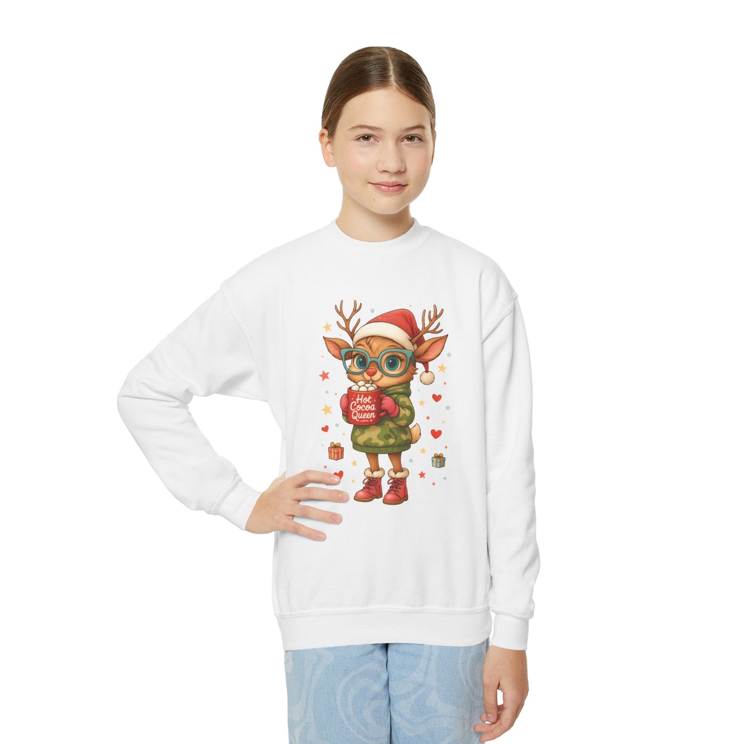 Hot Cocoa Queen Christmas Sweatshirt for Girls, Cute Holiday Reindeer Jumper