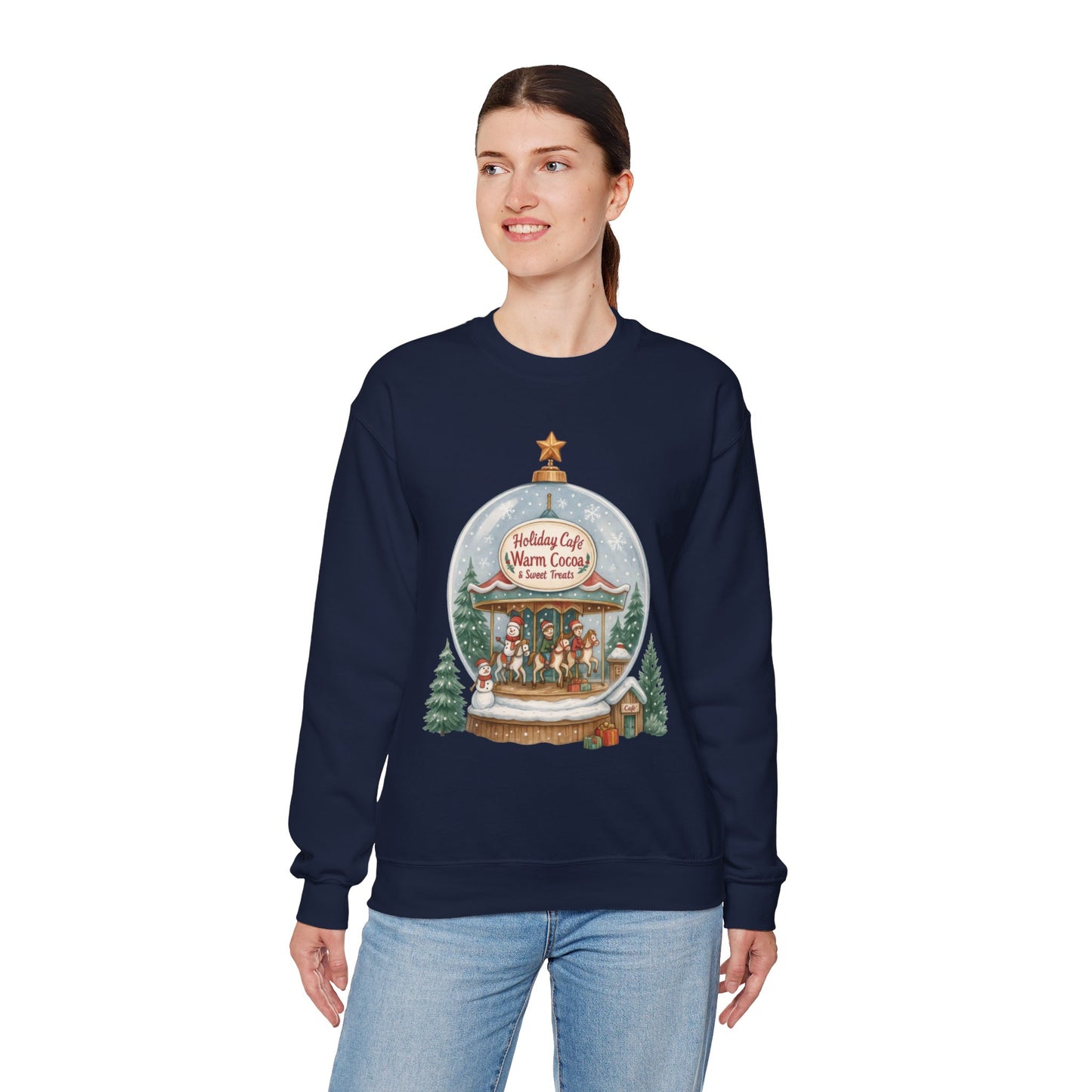 Holiday Café Christmas Sweatshirt, Warm Cocoa Snow Globe Pullover