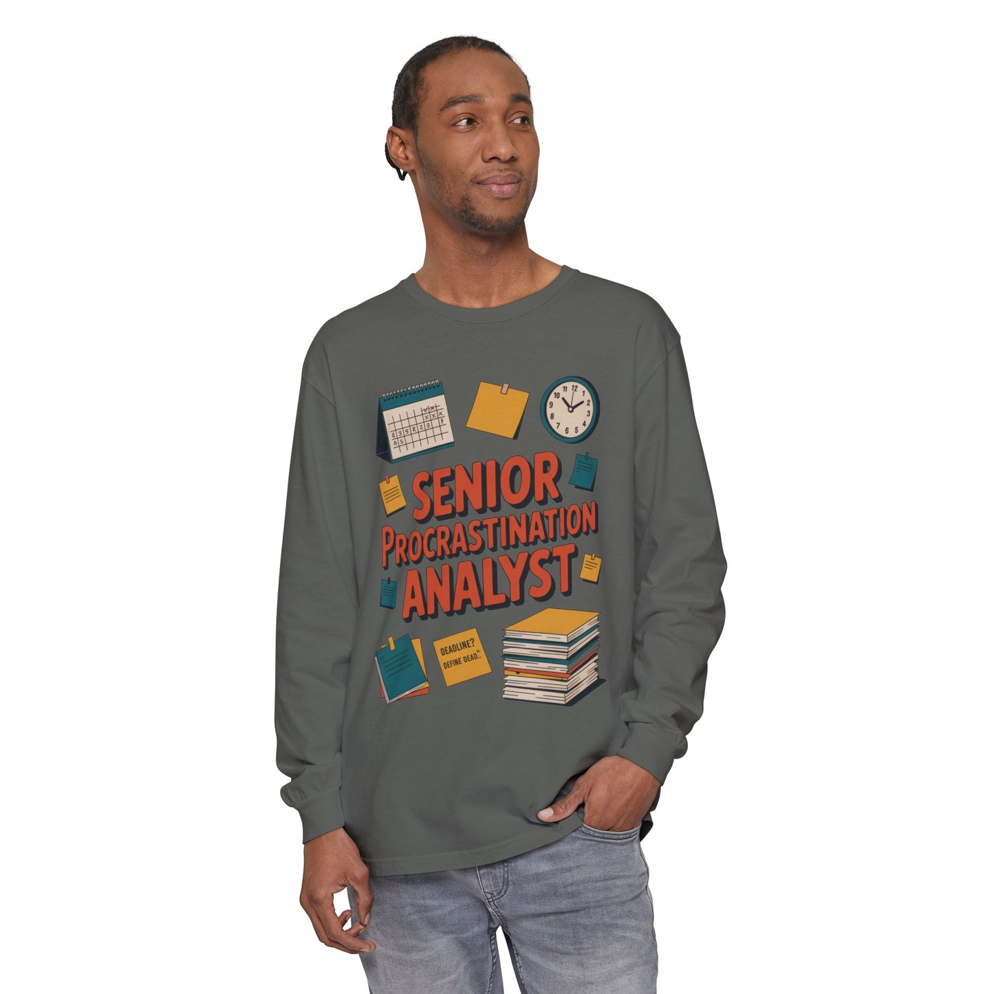 Senior Procrastination Analyst Long Sleeve Tee, Funny Work Shirt,Gift for Analysts, Office Humor, Meme Long Sleeve, Motivation Humor Apparel