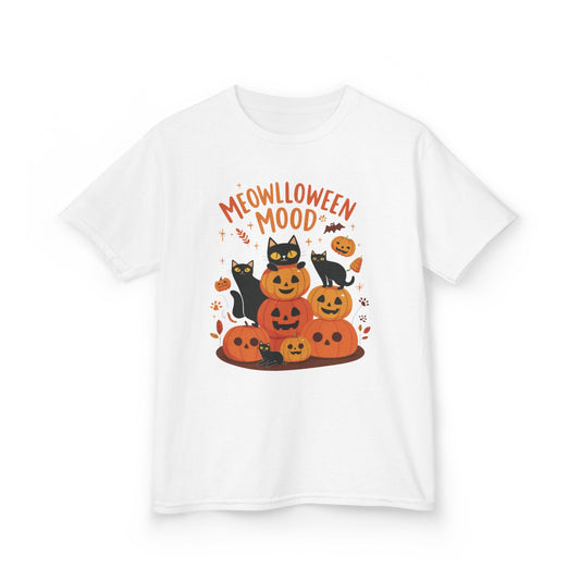 Meowlloween Mood Kids Shirt, Cute Black Cat Halloween T-Shirt for Girls and Boys, Funny Pumpkin Cat Tee, Cozy Fall Cat Lover Gift