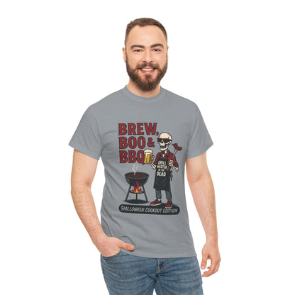 Halloween BBQ Men's T-Shirt, Brew Boo & BBQ Skeleton Grill Master Tee, Funny Dad Gift, Grill Master Tee, Grill Dad Halloween