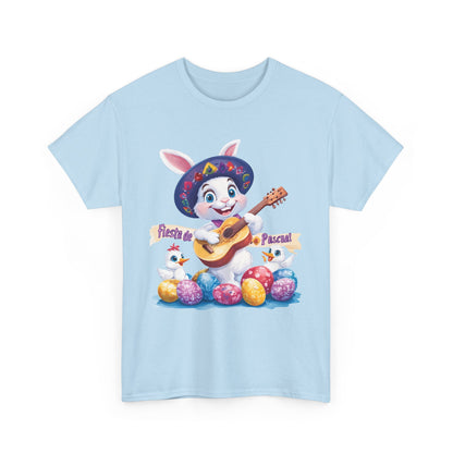 Fiesta de Pascua Bunny Shirt, Funny Easter Rabbit Playing Guitar Tee, Colorful Unisex Heavy Cotton T-Shirt, Cute Holiday Celebration Gift