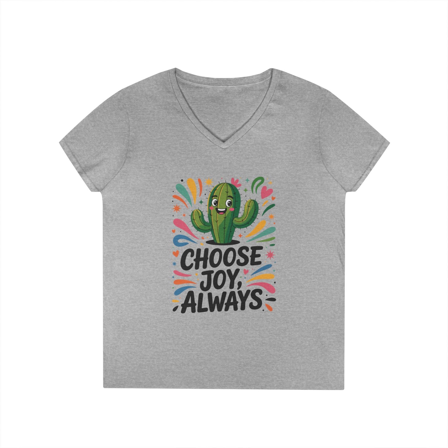 Choose Joy Cactus Ladies' V-Neck T-Shirt, Positive Vibe Shirt, Gift for Her, Summer Casual Tee, Inspirational Wear, Cute Graphic Top