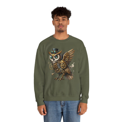 Steampunk Owl Unisex Crewneck Sweatshirt, Vintage Mechanical Gears Fantasy Bird Graphic Pullover, Gift for Owl Lovers